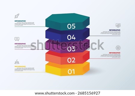 3D hexagonal infographic stacked in 5 layers