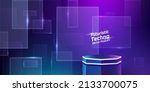 3d hexagonal light podium with transparent rectangular glass in dark background blue and purple for gadget, device, technology product display or presentation. base, stage, pedestal realistic podium