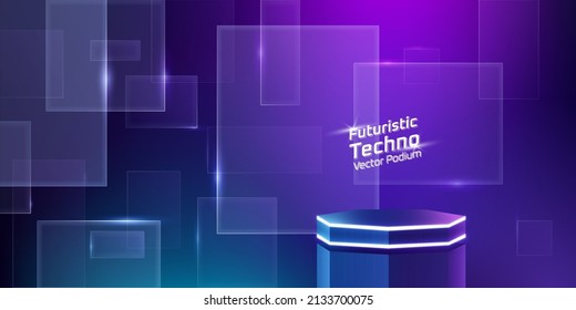 3d hexagonal light podium with transparent rectangular glass in dark background blue and purple for gadget, device, technology product display or presentation. base, stage, pedestal realistic podium