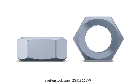 3D Hexagonal Nut. Top And Side View. Isolated On White Background. EPS10 Vector