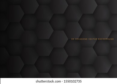 3D Hexagons Vector Dark Gray Abstract Background. Scientific Technologic Three Dimensional Hexagonal Blocks Conceptual Darkness Wallpaper. Black Friday Sale Blank Tech Backdrop