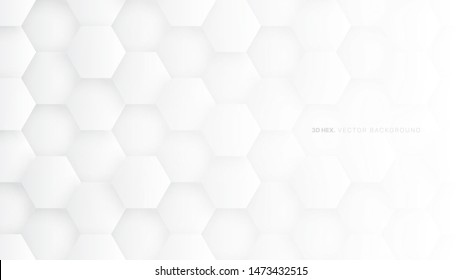 3D Hexagons Vector White Abstract Background. Scientific Technologic Three Dimensional Hexagonal Blocks Light Conceptual Wallpaper. Tech Clear Blank Subtle Textured Backdrop