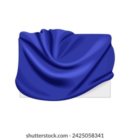 3D hidden box covered with blue silk or satin cloth, surprise reveal and veil decoration vector illustration