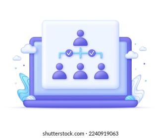 3d Hierarchy Icon on Computer. Enterprise management subordinate structure. Delegating, assignment, distribution. Business concept. Can be used for many purposes. Vector in 3d style.