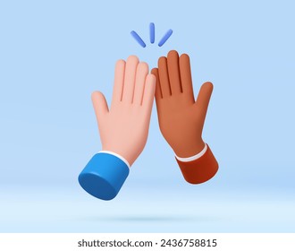 3d High five hand gesture. Team work, friends meeting, partnership, friendship, support and cooperation. 3d rendering. Vector illustration