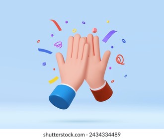 3d High Five Hands with Confetti. Hand Greeting Symbol. Human Fist in Goodwill Gesture. Emoji Icon. Open Palm Hand. 3d rendering. Vector illustration