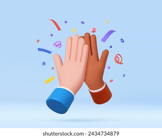 3d High Five Hands con Confetti. Símbolo de saludo de mano. Puño humano en gesto de buena voluntad. Icono Emoji. Abre Palm Hand. renderizado 3d. Ilustración de vector