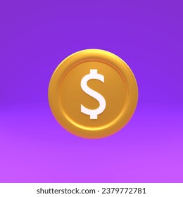 3d high poly gold coins isolated on purple background
