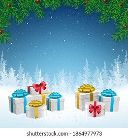 3D High Quality Merry Christmas and Happy New Year Background with Falling Snow and Gifts . Isolated Vector Elements