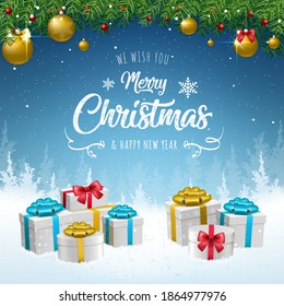 3D High Quality Merry Christmas and Happy New Year Background with Falling Snow and Gifts . Isolated Vector Elements