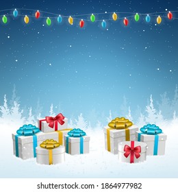 3D High Quality Merry Christmas and Happy New Year Background with Falling Snow and Gifts . Isolated Vector Elements