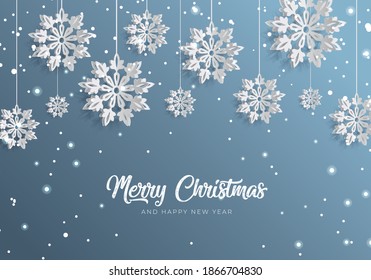 3D High Quality Origami Merry Christmas and Happy New Year Background with Falling Snow . Isolated Vector Elements