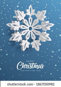 Origami 3D de alta calidad Feliz Navidad y Feliz Año Nuevo con Nieve en caída. Elementos vectores aislados