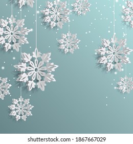 3D High Quality Origami Merry Christmas and Happy New Year Background with Falling Snow . Isolated Vector Elements