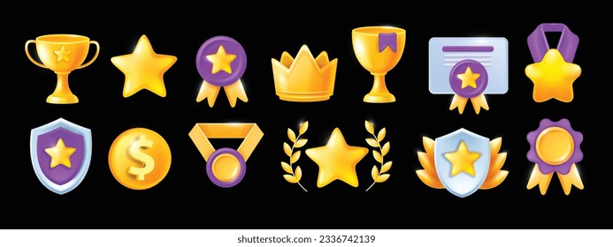 3D high quality professional icon set, vector recognition award medal kit, UI game level up reward. Golden cup, guarantee medal diploma, certified winner shield, customer prize crown. Quality icon 