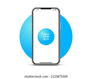 3d high quality vector smartphone with settings icon. Realistic mobile with setup symbol. Device UI UX mockup. Cellphone frame with blank screen isolated templates. 3d isometric illustration. 