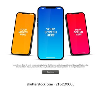 3d high quality vector smartphone mockups. Ultra realistic mobile device UI UX mockup for presentation template. 3d isometric phone with different angles views. Cellphone frame with  fillable field.