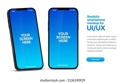 3d high quality vector smartphone mockups. Ultra realistic mobile device UI UX mockup for presentation template. 3d isometric phone with different angles views. Cellphone frame with  fillable field.