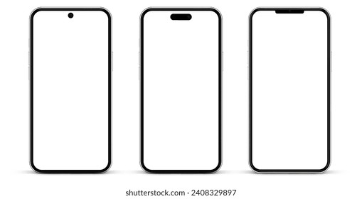 3d high quality vector smartphone mockups. Ultra realistic mobile device UI UX mockup for presentation template. Cellphone frame with blank screen isolated templates. 3d isometric illustration.