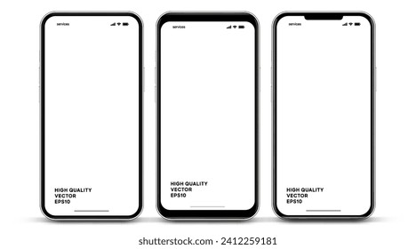 3d high quality vector smartphone mockups. Ultra realistic mobile device UI UX mockup for presentation template. Cellphone frame with blank screen isolated templates. 3d isometric illustration.
