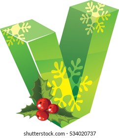 3D high resolution conceptual christmas font letter 'V' made up of snowflakes, holly and candle isolated on white background, for holiday or religion 