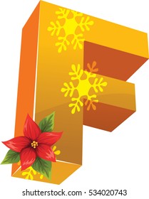 3D high resolution conceptual christmas font letter 'F' made up of snowflakes, holly and candle isolated on white background, for holiday or religion 