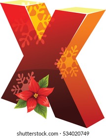 3D high resolution conceptual christmas font letter 'X' made up of snowflakes, holly and candle isolated on white background, for holiday or religion 