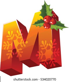 3D high resolution conceptual christmas font letter 'M' made up of snowflakes, holly and candle isolated on white background, for holiday or religion 