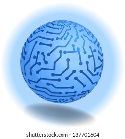 3D. High tech modern concept design. Blue ball, Earth in PCB-layout style with blue glow and shadow. Vector illustration.