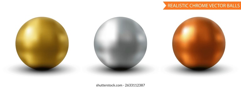 3D High-gloss realistic vector illustration of 3 metallic chrome balls in gold, silver, and copper, with soft reflections and shadow. Chrome, metallic, 3D, vector, balls, gold, silver, copper