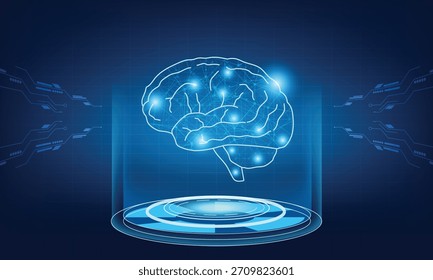 3D-Hightech-Illustration eines menschlichen Gehirns auf einem blauen Hologramm-Podium. Futuristisches Konzept künstlicher Intelligenz (KI), neuronaler Netzwerke und medizinischer Neurologie-Scans. Ideal für Anzeigen in Wissenschaft oder Technik.