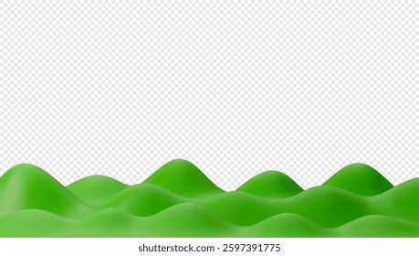 3d hills with green meadows, grass, hills. Minimal cartoon nature landscape. 3D realistic vector illustration.