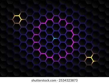 3D Hi-tech Abstract Vector Background. Gray, Black Red Hexagon Technology. Bright Pink Blue Energy Blinking Under Hexagons In Wide Banner Of Futuristic Technology. Dark Gray Honeycomb Texture Grid.