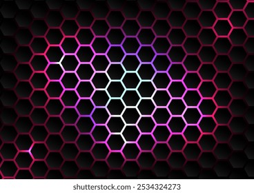 3D Hi-tech Abstract Vector Background. Gray, Black Red Hexagon Technology. Bright Pink Blue Energy Blinking Under Hexagons In Wide Banner Of Futuristic Technology. Dark Gray Honeycomb Texture Grid.