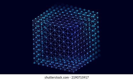 3D Hi-Tech Cube. Big Data Cube Quantum Computer Server Concept Background. Light Dots with Depth of Field Effect. Data Sorting. Business Server Security Artificial Intelligence HUD Design Element.