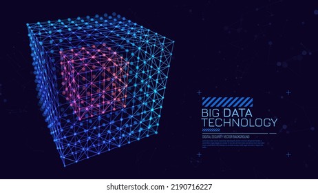 3D Hi-Tech Cube. Big Data Cube Quantum Computer Server Concept Background. Light Dots with Depth of Field Effect. Data Sorting. Business Server Security Artificial Intelligence HUD Design Element.