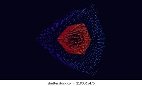 3D Hi-Tech Cube. Big Data Cube Quantum Computer CPU Core Concept Background. Light Dots with Depth of Field Effect. Data Sorting. Business Server Security Artificial Intelligence HUD Design Element.
