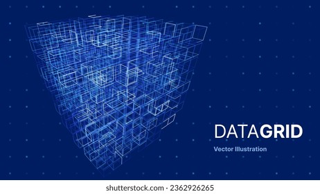 3D Hi-Tech Cube. Big Data Cube Machine Learning Server Concept Background. Light Dots with Depth of Field Effect. Data Sorting. Business Server Security Artificial Intelligence HUD Design Element.