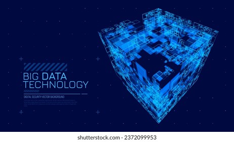 3D Hi-Tech Cube. Big Data Cube Machine Learning Server Concept Background. Light Dots with Depth of Field Effect. Data Sorting. Business Server Security Artificial Intelligence HUD Design Element.