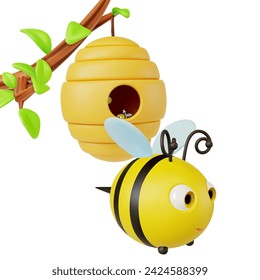 Colmena 3d con abeja linda colgando de una rama de árbol con hojas estilo de dibujos animados. Ilustración vectorial de la colmena