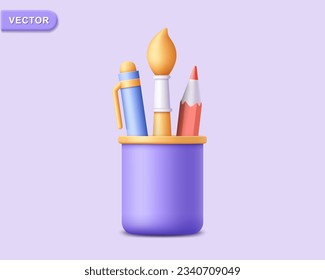 3D holder school stationery with pencil, pen and brush. Render holder stationery for back to school, education, office, art, creative lessons. 3d rendering holder stationery vector icon illustration