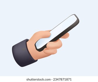 3D Holding mobile phone in hand. Phone side mockup. Editable smartphone template vector illustration on isolated background. Press touch screen and buy online. 3D transfer money or book online concept