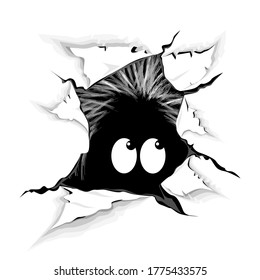Un agujero 3D en un papel a través del cual se puede ver una cara humana asustada. Fobias, ansiedad, miedo, horror a la vista, miedo. Psicología humana. Halloween. Ilustración vectorial dibujada por mano