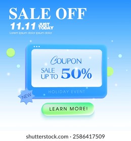 3d Holiday Christmas Coupon with coupon code, price off isolated on blue background with snow effect. Noel gift voucher popup banner template in 3d vector