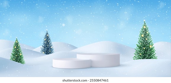 3d Holiday Christmas showcase blue background with 3d podium and Christmas tree. Abstract minimal scene.