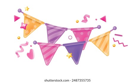 3D holiday flag icon, vector carnival garland decoration happy birthday party string, paper confetti. Festival celebration colorful paper triangle, greeting hanging bunting decor. 3D flag illustration