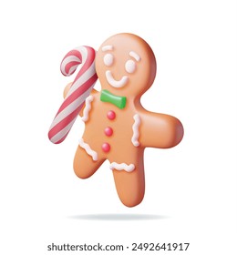 3D Holiday Gingerbread Man with Candycane Cookie. Render Cookie in Shape of Man with Icing. Happy New Year Decoration. Merry Christmas Holiday. New Year Xmas Celebration. Realistic Vector illustration