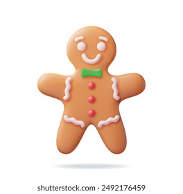 3D Holiday Gingerbread Man Cookie. Render Cookie in Shape of Man with Colored Icing. Happy New Year Decoration. Merry Christmas Holiday. New Year and Xmas Celebration. Realistic Vector illustration