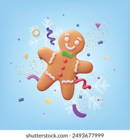 3D Holiday Gingerbread Man Cookie and Confetti. Render Cookie in Shape of Man with Colored Icing. Happy New Year Decoration. Merry Christmas Holiday. New Year Xmas Celebration. Vector illustration