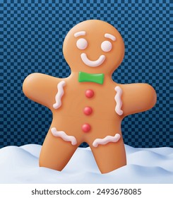 3D Holiday Gingerbread Man Cookie in Snow. Render Cookie in Winter Landscape. Happy New Year Decoration. Merry Christmas Holiday. New Year and Xmas Celebration. Realistic Vector illustration